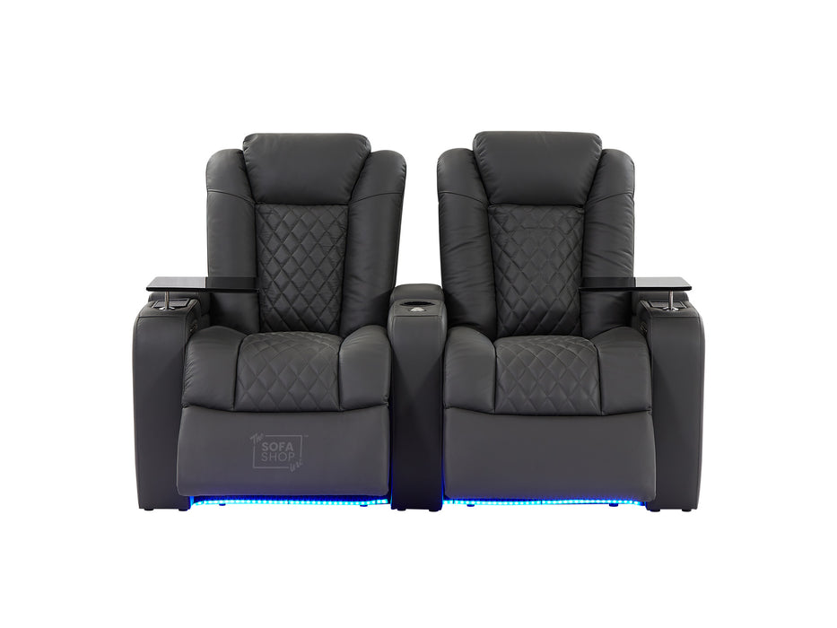 2 Seater Grey Real Leather Electric Recliner Cinema Sofa | Power Headrest, Bluetooth Speakers, Wireless Charging & Cooling Cup Holders | Milano | The Sofa Shop