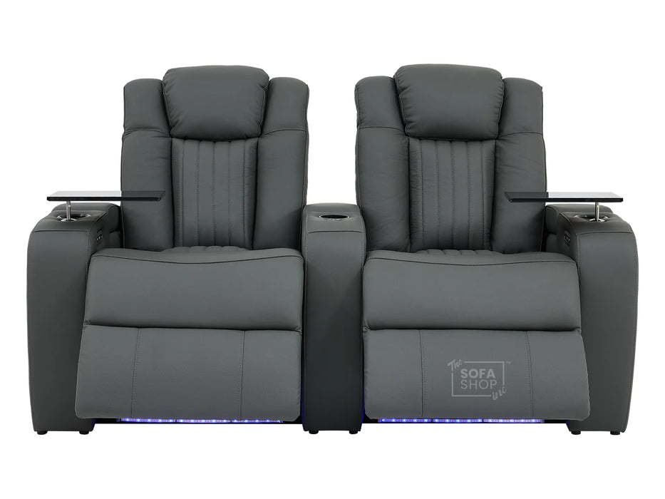 2 Seater Real Leather Power Recliner Smart Cinema Sofa | Grey Couch with Massage, Arm Storage, and Adjustable Headrest | Capri | The Sofa Shop