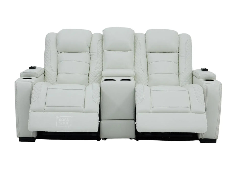 2 Seater Real Leather Electric Recliner Sofa with Cooler Cupholders, Massage, USB, Wireless Charging & Console | White Genuine Leather | Napoli