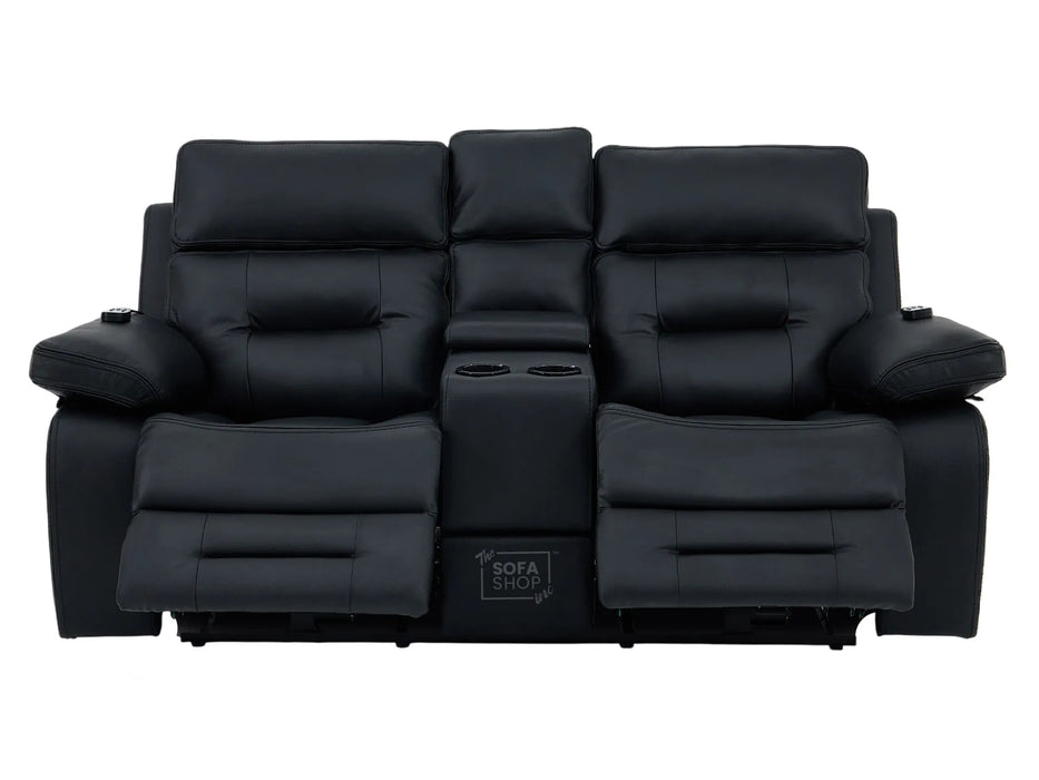 3+2 Electric Recliner Sofa Set in Black Real Leather | Hi-Tech Cinema Package with Massage, Drop-Down Table, Power Headrest, Power Recliner, Storage Drawer, USB & Wireless Charging | Sicily
