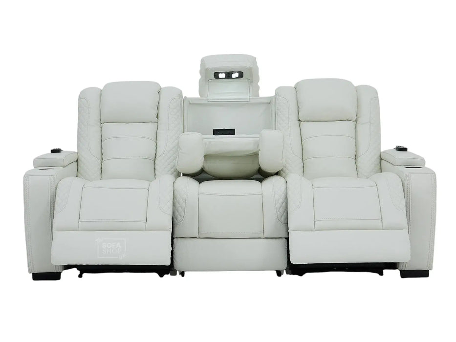 3 Seater Real Leather Electric Recliner Sofa with Fold-Down Table, Bluetooth Speakers, USB, Storage & Cupholders | White Genuine Leather | Napoli Series One