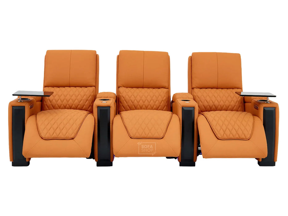 3 Seat Real Leather Electric Recliner Home Cinema Theatre Sofa In Orange | Keep Drinks Chilled in Cooling Cup Holders & Lumbar Support | Assisi