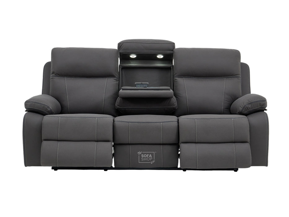 3 Seat Electric Recliner Home Cinema Theatre Sofa | Fabric Couch In Grey with Cupholders + Table + USB + Speakers | Vinsonova Series One