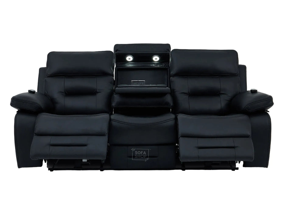 3+2 Electric Recliner Sofa Set in Black Real Leather | Hi-Tech Cinema Package with Massage, Drop-Down Table, Power Headrest, Power Recliner, Storage Drawer, USB & Wireless Charging | Sicily