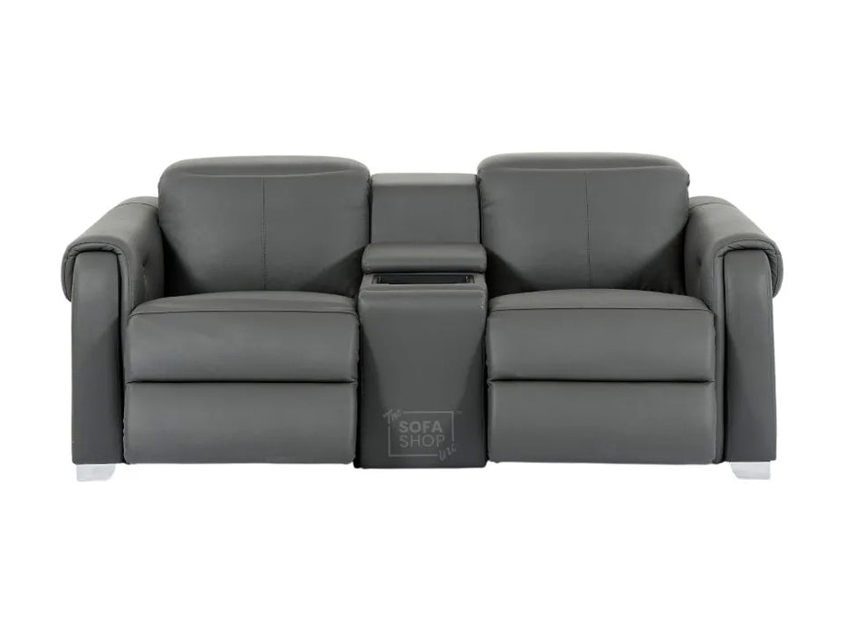 2 Seater Real Leather Electric Recliner Sofa | Cinema Sofa | Hi-Tech Sofa in Grey with Massage, Middle Console, Adjustable Headrests & USB | Turin