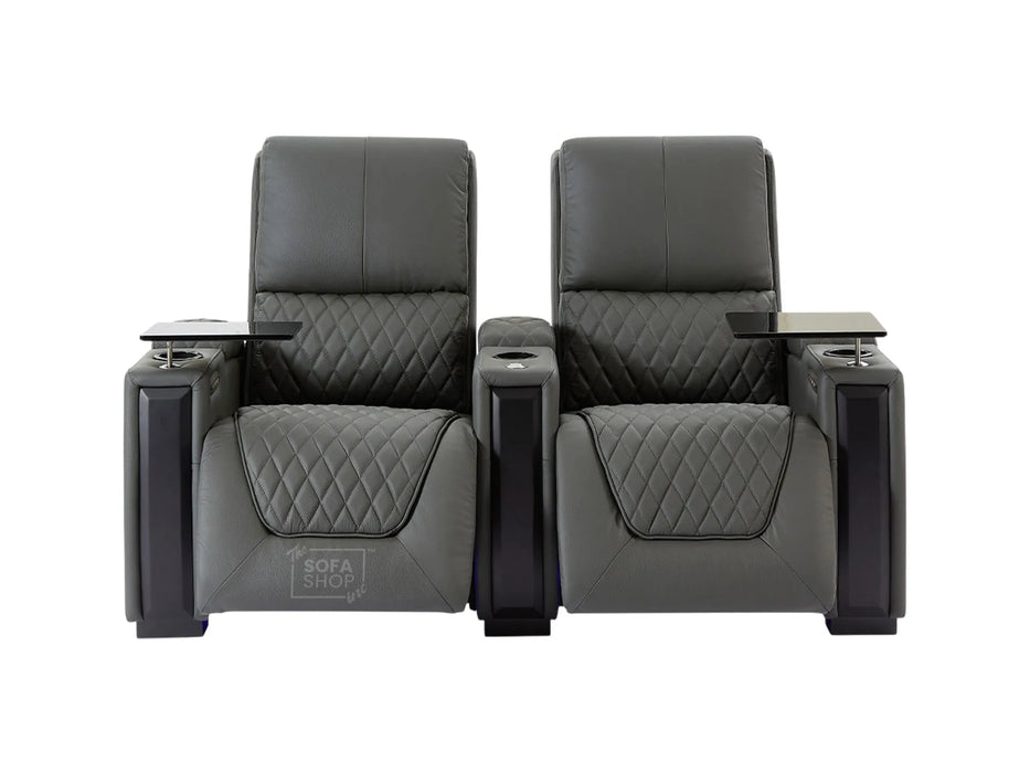 2 Seat Real Leather Electric Recliner Home Cinema Theatre Sofa In Grey With Multi-Position Reclining + LED Cup Holders & Lumbar Support | Assisi