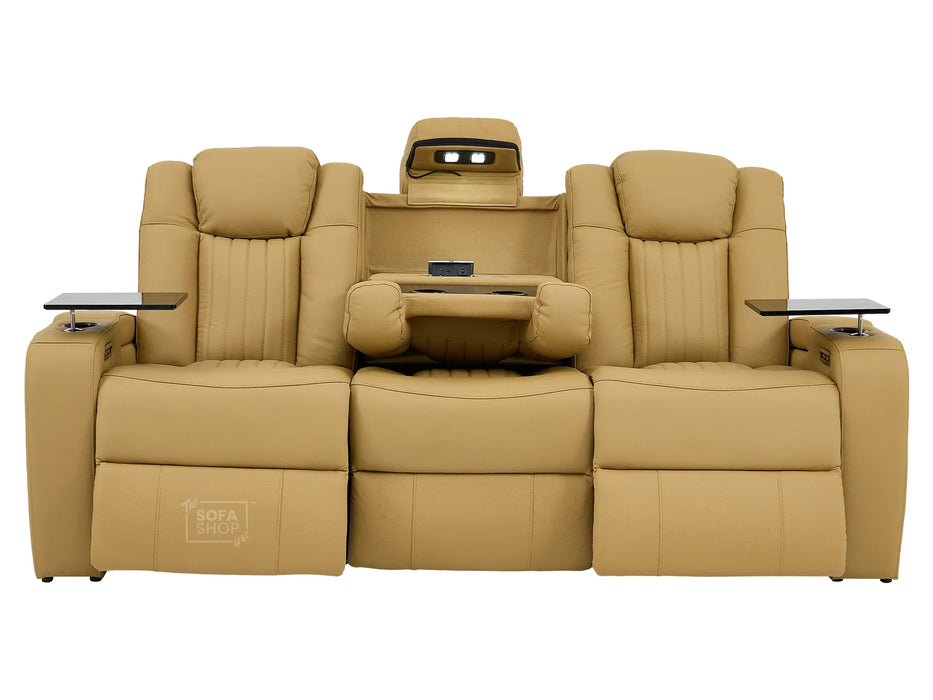 Real Leather 3+2 Smart Recliner Sofa Set in Tan | Power Reclining Sofa Suite with Drop-Down Table, Console, Massage, USB & LED | Capri | The Sofa Shop