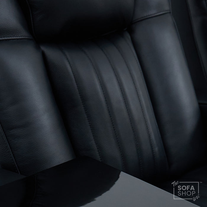 2 Seater Cinema Sofa in Black Real Leather | Hi-Tech Console Couch with Massage & Heated Lumbar, Wireless Charging, Heat & Cool Cupholders, Bluetooth Speakers & Multi-Link | Capri | The Sofa Shop