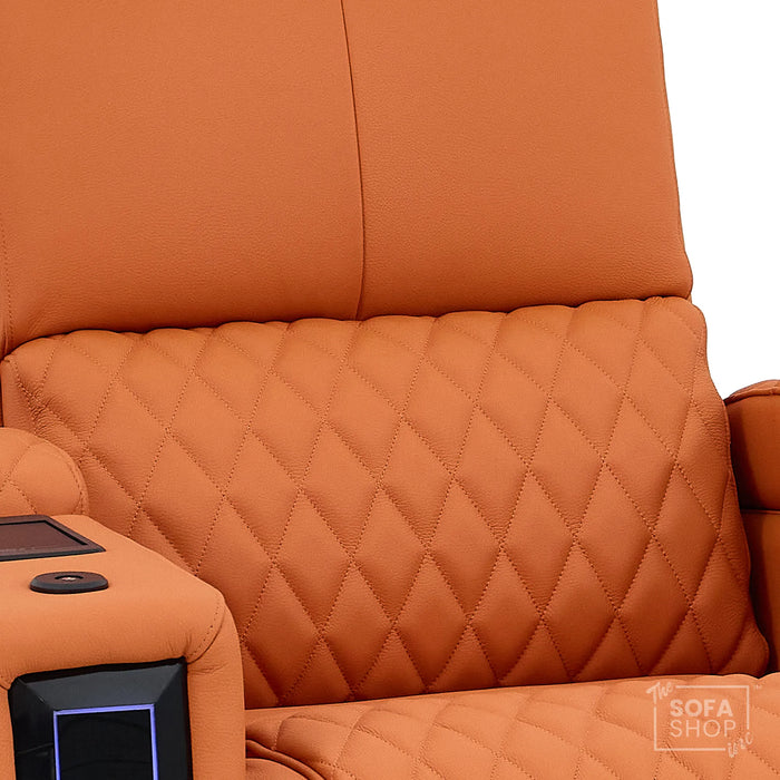 1 Seater Electric Dual Lift Riser Cinema Chair | Power Recline, Heated Lumbar + Massage & Cooling & Heating Cup Holders | Orange Real Leather Riser Armchair with Tray Tables | Assisi | The Sofa Shop