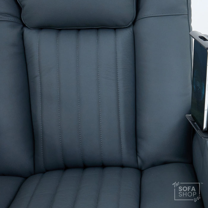 Real Leather Recliner Chair In Blue with Power Headrest, Power Recline, Massage, Heating, USB Charging, Cooling Cup Holder & Tray Table | Capri