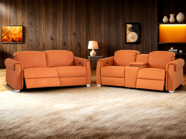 3+2 Seater Recliner Leather Sofa Set with USB Ports, Power Headrest, Wireless Charger & Cup Holders | Orange Genuine Leather  | Turin | The Sofa Shop