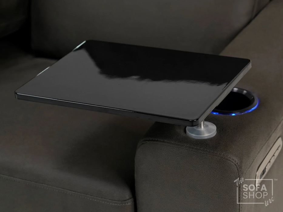 Fabric Cinema Armchair with Electric Reclining, Power Recliner, Lumbar Support, 2 Cup Holders, USB Charging & Tray Table | Hi-Tech Grey Fabric Chair | Palmero | Sofa Shop