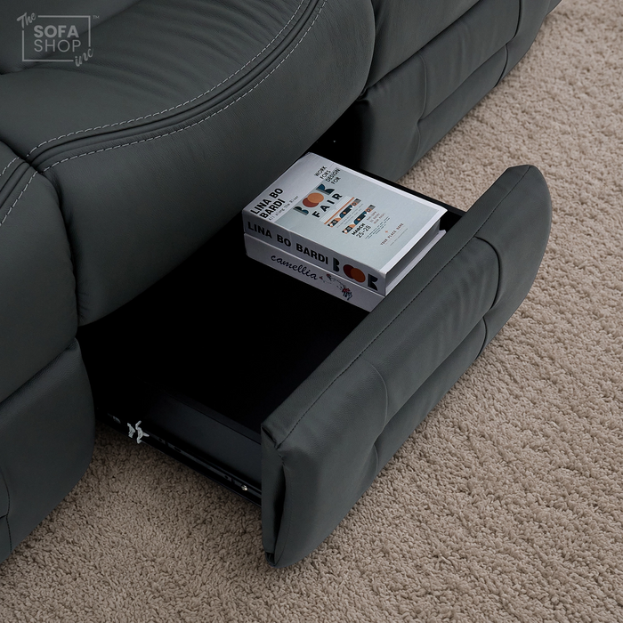 3 Seater Grey Top-Grain Leather Electric Recliner Cinema Sofa with Massage. Adjustable Headrest, Drop-Down Table, Wireless Charging | Sicily