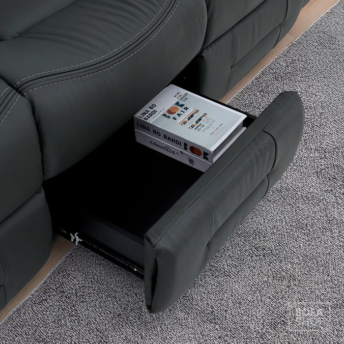 3 Seater Electric Recliner Cinema Sofa in Grey Real Leather | Hi-Tech Cinema Seats with Massage, Drop-Down Table, LED Reading Light, Power Headrest, Power Recliner, Storage Drawer, Heating, USB & Wireless Charging | Sicily