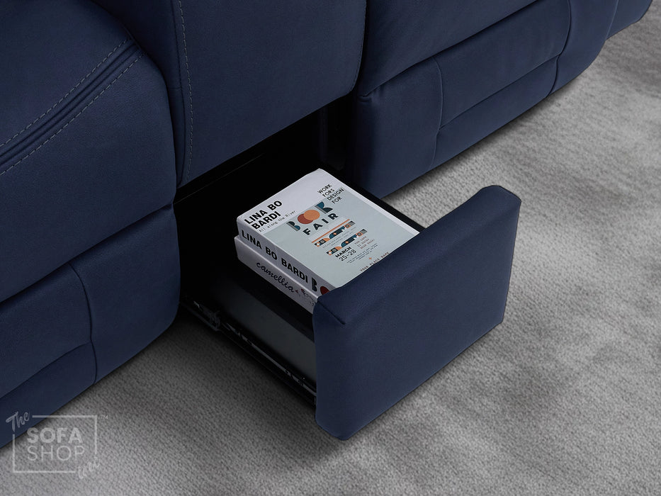 3+2 Electric Recliner Sofa Set in Blue Resillience Fabric | Hi-Tech Cinema Package with Massage, Drop-Down Table, Power Headrest, Power Recliner, Storage Drawer, USB & Wireless Charging | Sicily