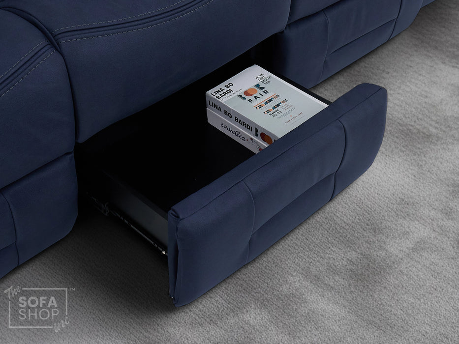 3+1 Electric Recliner Sofa Suite in Blue Resillience Fabric | Hi-Tech Cinema Set with Massage, Drop-Down Table, Power Headrest, Power Recliner, Storage Drawer, USB & Wireless Charging | Sicily