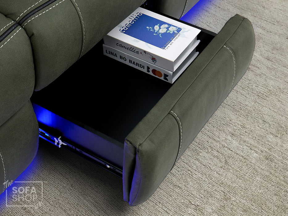 3 Seat Electric Recliner Home Cinema Theatre Sofa | Fabric Couch In Green with Massage + Cupholders + Table + Power + USB + Speakers | Vinsonova | The Sofa Shop