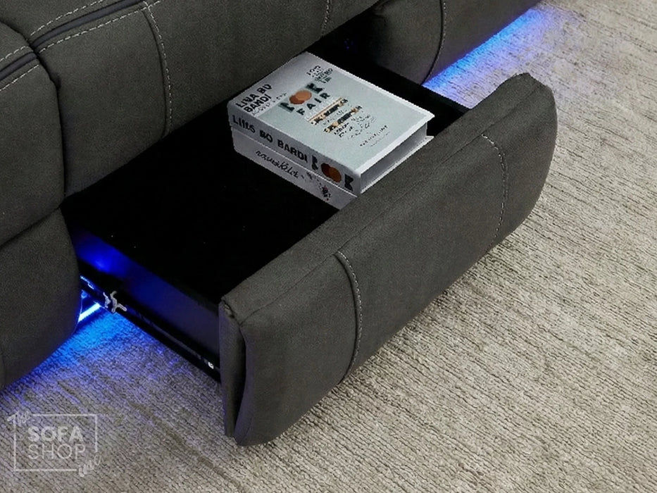 3 Seat Electric Recliner Home Cinema Theatre Sofa | Fabric Couch In Grey with Massage + Cupholders + Table + USB + Speakers | Vinsonova | The Sofa Shop