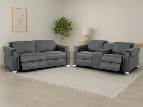 3+2 Real Leather Electric Recliner Sofa Set In Grey | Hi-Tech Sofa Set with Massage, Console, USB Ports, Power Headrest, Wireless Charger & Storage Box | Turin