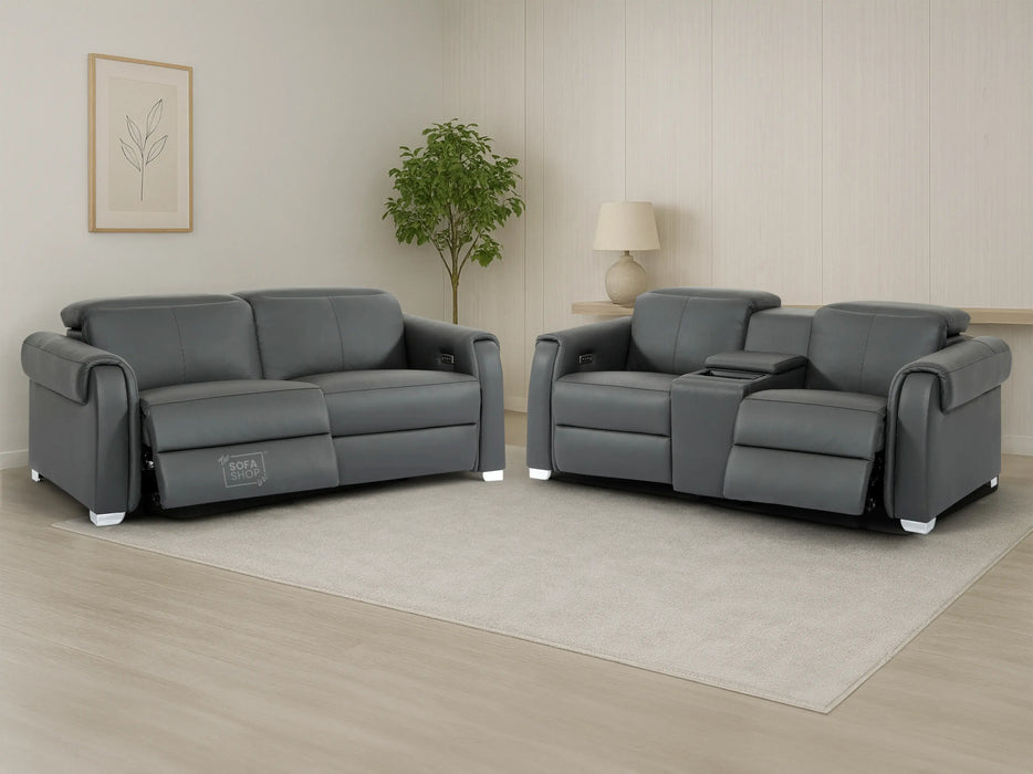 3+2 Real Leather Electric Recliner Sofa Set In Grey | Hi-Tech Sofa Set with Massage, Console, USB Ports, Power Headrest, Wireless Charger & Storage Box | Turin