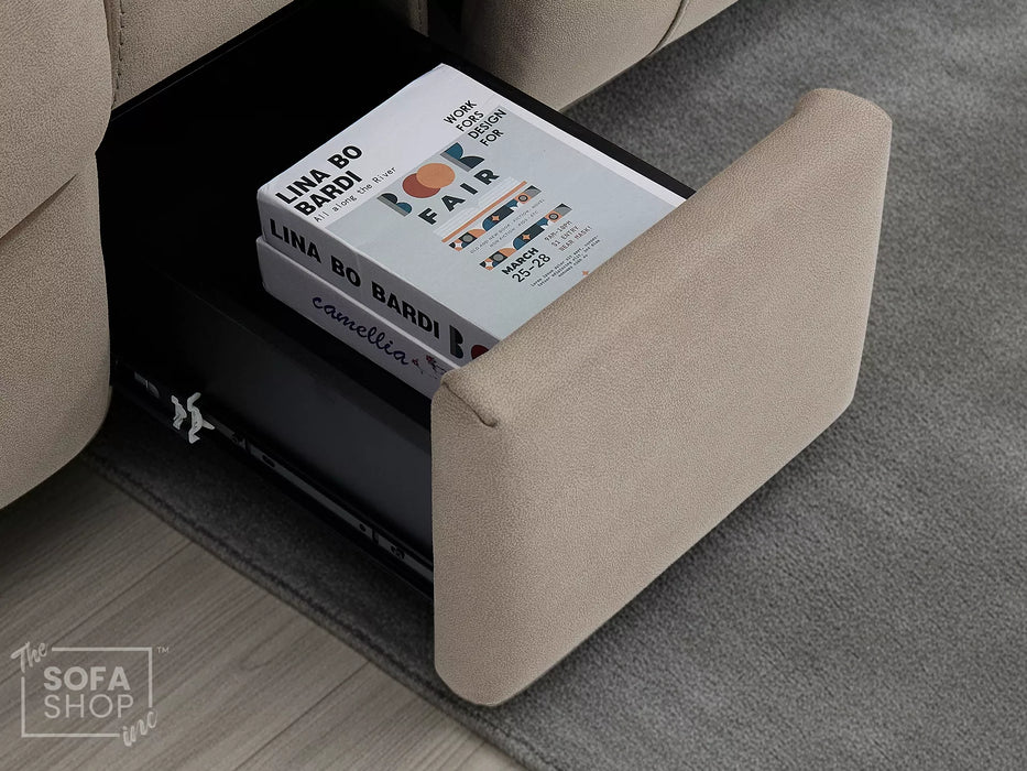 2 Seat Electric Recliner Home Cinema Sofa | Fabric Couch In Beige | Hi-Tech Sofa with Power Recliners, Chilled Cup Holders + Wireless Charging + Console + USB | Florence | The Sofa Shop