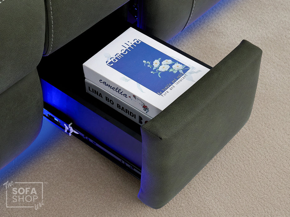 2 Seater Hi-Tech Sofa | Electric Recliner Home Cinema Seat in Green Fabric with Massage + Chilled Cupholders + Console + Power Sockets + USB | Vinsonova