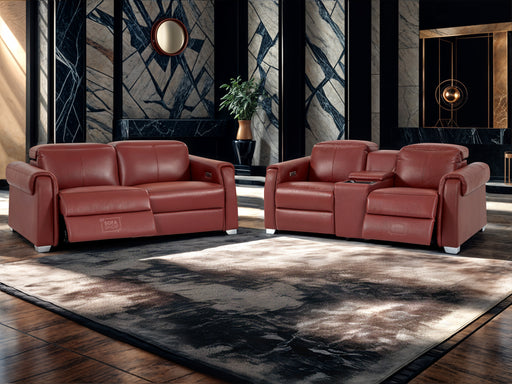 3+2 Reclining Hi-Tech Sofa Package | 2 Piece Electric Real Leather Sofa Set In Red with USB, Console & Cup Holders | Turin | The Sofa Shop