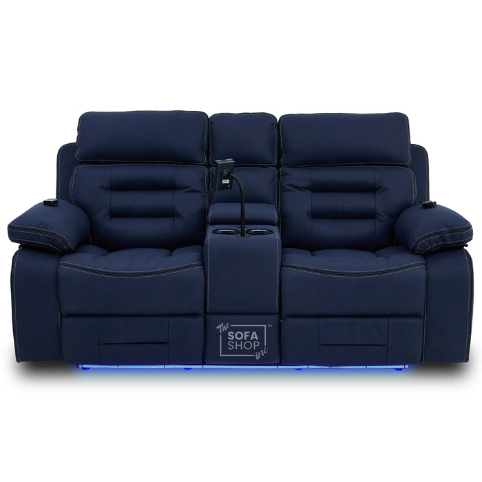 2 Seater Blue Fabric Electric Recliner Cinema Sofa Console | Hi-Tech Sofa with 8-Point Massage, Heated Lumbar, Multi-Link Bluetooth, Cooling & Heating Cupholders | Tuscany | The Sofa Shop