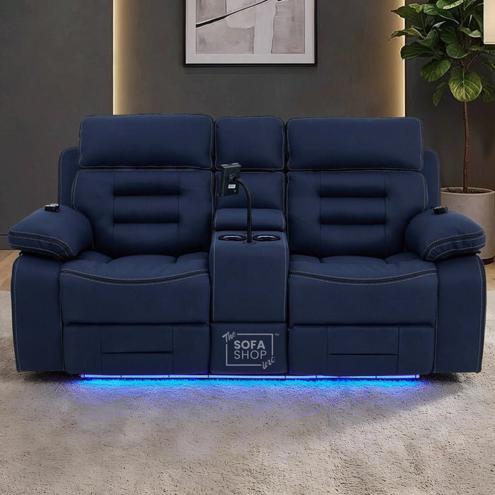 2 Seater Blue Fabric Electric Recliner Cinema Sofa Console | Hi-Tech Sofa with 8-Point Massage, Heated Lumbar, Multi-Link Bluetooth, Cooling & Heating Cupholders | Tuscany | The Sofa Shop