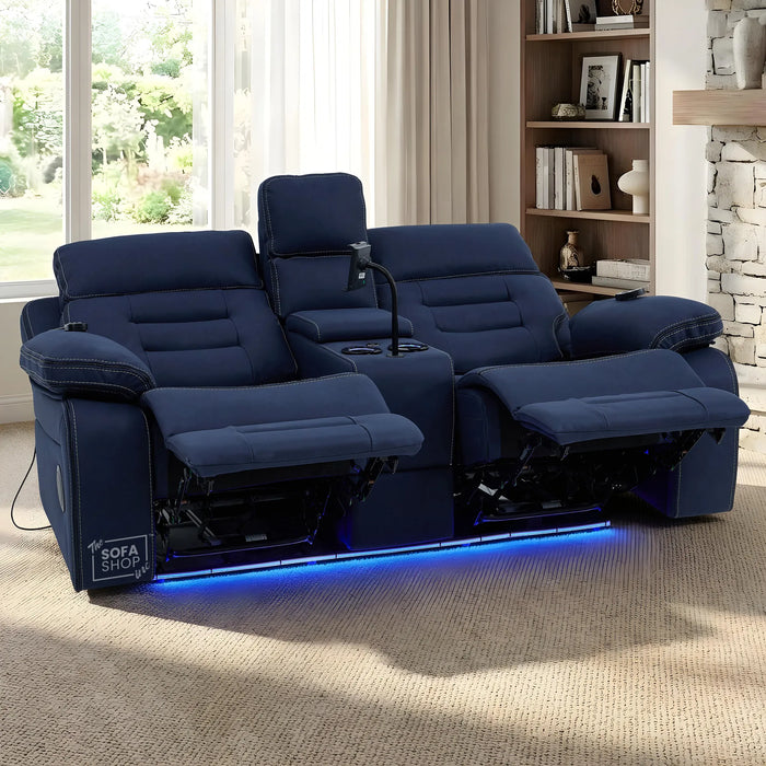 3+2 Electric Recliner Cinema Sofa Set in Blue Fabric | Hi-Tech Sofa Suite with Massage, Heated Lumbar support, Bluetooth Speakers, Console & Wireless Charging | Tuscany | The Sofa Shop