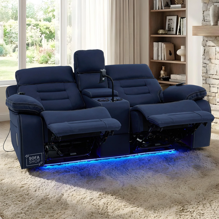 2 Seater Blue Fabric Electric Recliner Cinema Sofa Console | Hi-Tech Sofa with 8-Point Massage, Heated Lumbar, Multi-Link Bluetooth, Cooling & Heating Cupholders | Tuscany | The Sofa Shop