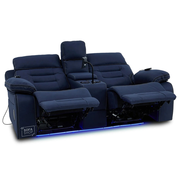 2 Seater Blue Fabric Electric Recliner Cinema Sofa Console | Hi-Tech Sofa with 8-Point Massage, Heated Lumbar, Multi-Link Bluetooth, Cooling & Heating Cupholders | Tuscany | The Sofa Shop