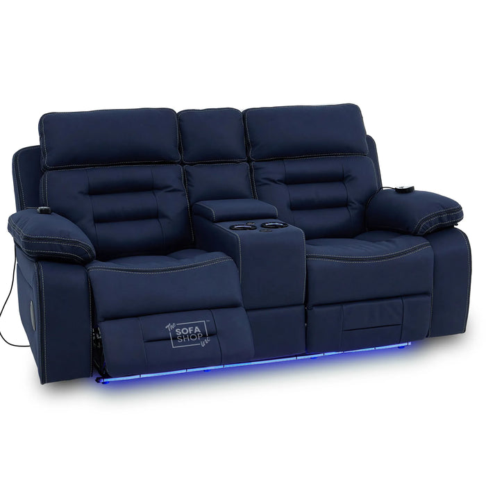 2 Seater Blue Fabric Electric Recliner Cinema Sofa Console | Hi-Tech Sofa with 8-Point Massage, Heated Lumbar, Multi-Link Bluetooth, Cooling & Heating Cupholders | Tuscany | The Sofa Shop