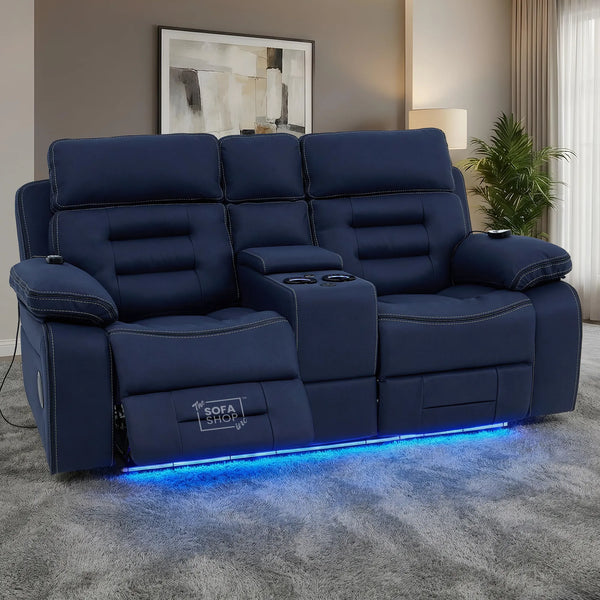 2 Seater Blue Fabric Electric Recliner Cinema Sofa Console | Hi-Tech Sofa with 8-Point Massage, Heated Lumbar, Multi-Link Bluetooth, Cooling & Heating Cupholders | Tuscany | The Sofa Shop