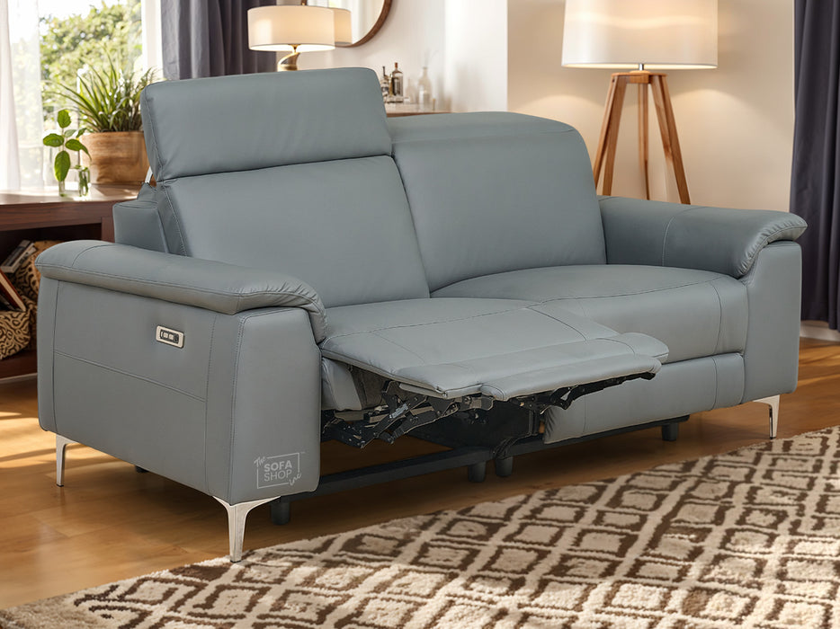 3 Seater Grey Leather Electric Recliner Sofa with Adjustable Headrest & USB Ports - Solero