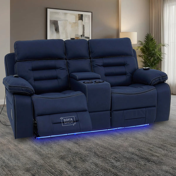 2 Seater Blue Fabric Electric Recliner Cinema Sofa Console | Hi-Tech Sofa with 8-Point Massage, Heated Lumbar, Multi-Link Bluetooth, Cooling & Heating Cupholders | Tuscany | The Sofa Shop