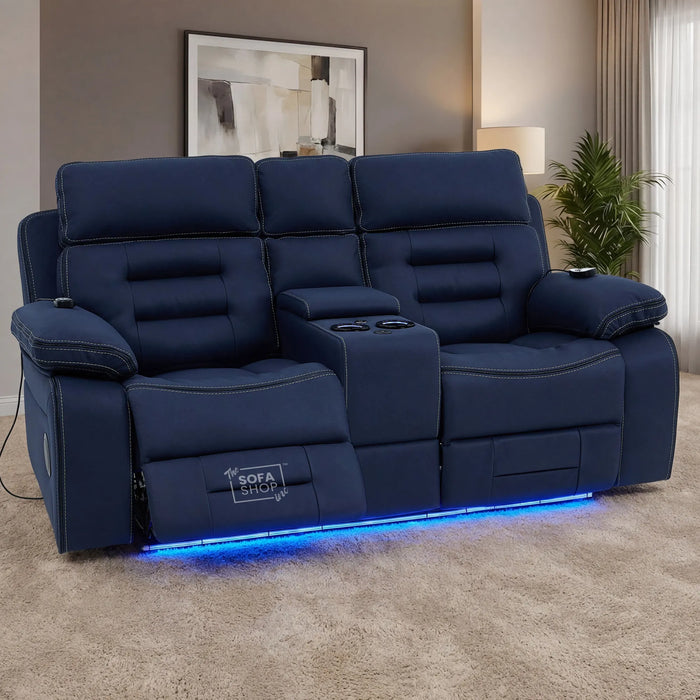 3+2+1  Electric Recliner Cinema Sofa Set in Blue Fabric | Hi-Tech Sofa Suite with Massage, Heated Lumbar, Bluetooth Speakers, Console & Wireless Charging | Tuscany | The Sofa Shop