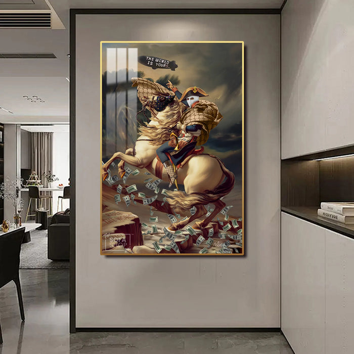 LED Conquest Canvas 100 x 150 cm Vertical | The World Is Yours Horse & Rider Wall Art With Adjustable LED Backlighting + Crystal-Porcelain Finish + Gold Or Black Frame | The Sofa Shop