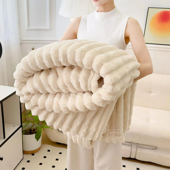 Classic Beige Flannel Plush Blanket 150 x 200cm | Fluffy Warm Cosy Throw with Ultra-Soft Fleece + Machine Washable Care | Boston | Bed Sofa Couch Blanket | The Sofa Shop