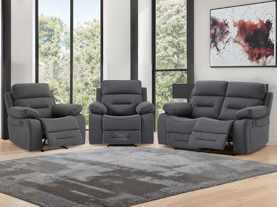 2 1 1 Recliner Sofa Set inc. Chairs in Dark Grey Fabric - 3 Piece Recliner Sofa Set - Foster