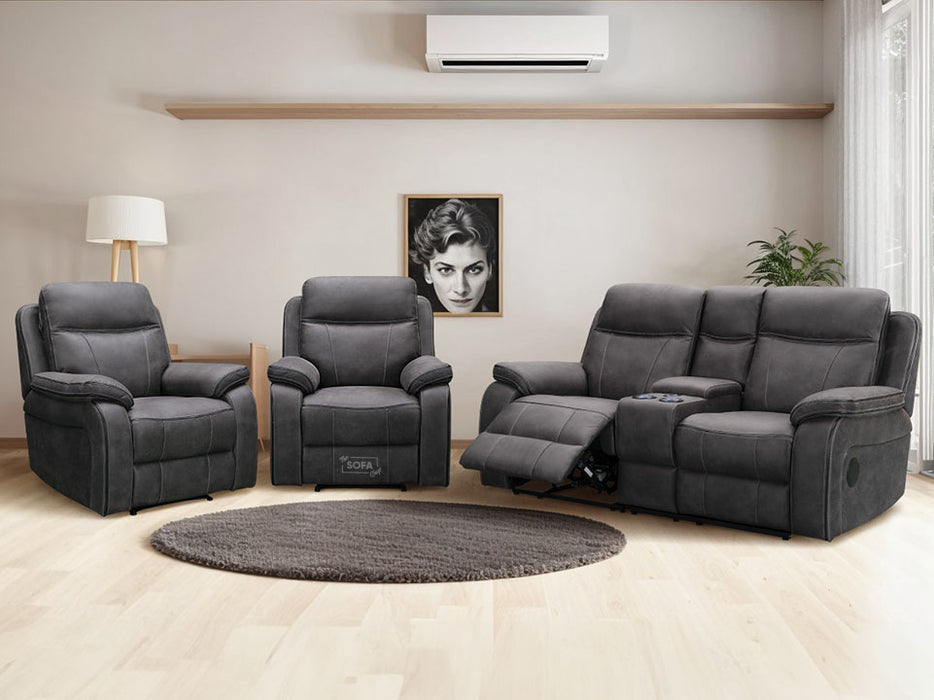 Vinson 2 1 1 Electric Recliner Sofa Set In Grey Resilience Fabric. 3 Piece Cinema Sofa Set With Cooling Cupholders & Speakers & Wireless Charger