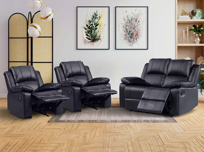 3 Piece Recliner Sofa Set in Black Leather Elevate Your Space with