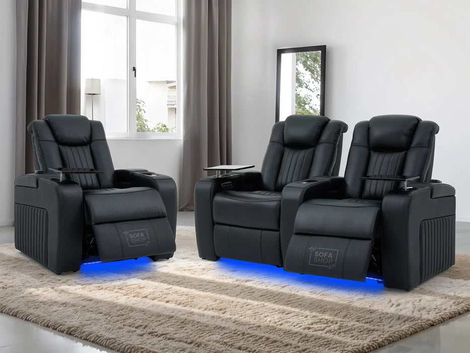Real Leather 2+1 Electric Recliner Cinema Sofa Set in Black | 2 Piece Sofa Set with Massage, USB Ports, Cup Holders, Storage Boxes & Wireless Charger | Capri | The Sofa Shop