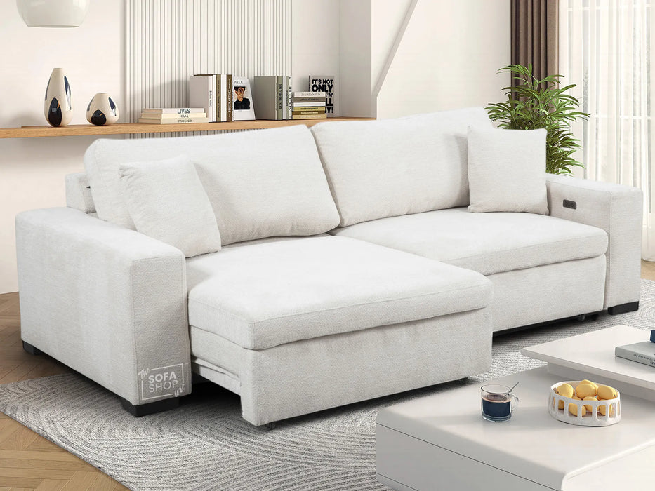 Extendable Electric Sofa - Bed in Cream Chenille Fabric | 3 Seater Power Sliding Couch Perfect for Home Cinema & Movie Nights  | USBc Charging Ports | Palma