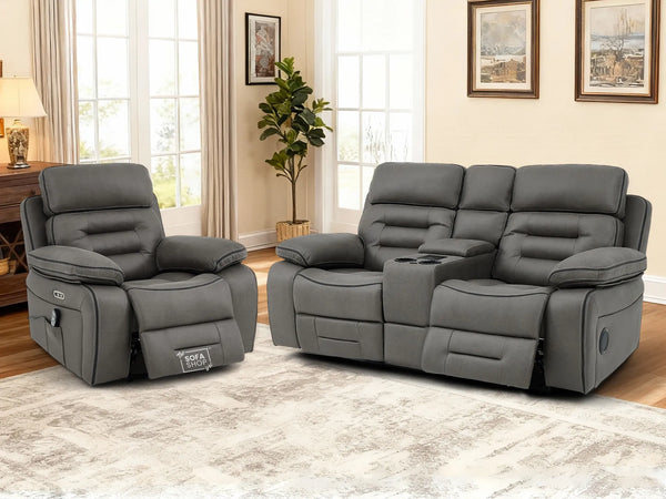 2+1 Electric Recliner Sofa Set | Cinema Sofa Package in Graphite Grey Resilience Fabric. 2 Piece Cinema Sofa | Hi-Tech Sofa Set With Massage, LED Cup Holders & USB Ports & Storage | Tuscany