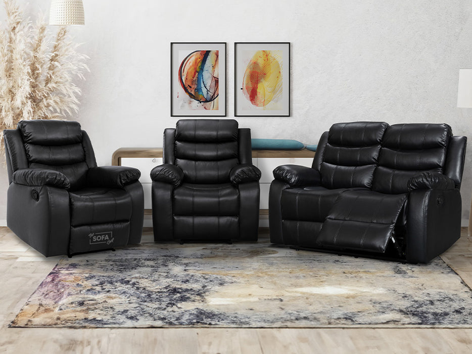 three piece Suite black leather reclining sofas 