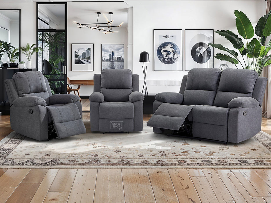 2 1 1 Recliner Sofa Set inc.Chairs in Dark Grey Fabric - 3 Piece Trento Sofa Set