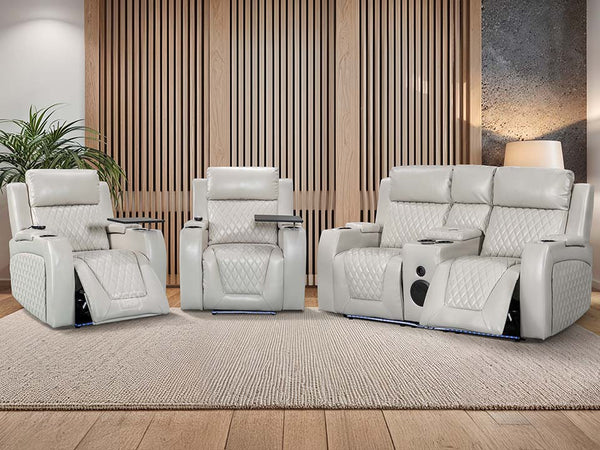 2 1 1 Electric Recliner Sofa Set inc. Cinema Seats in Light Beige Leather. 3 Piece Cinema Sofa with LED Cup Holders, Storage & Speaker  - Venice Series One