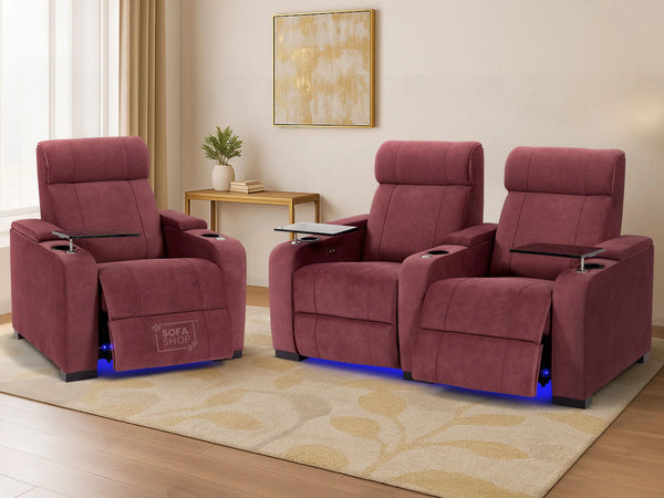 2+1 Sofa Set. Electric Recliner Cinema Suite in Velvet Purple Fabric | 2 Piece Sofa Set with Massage, USB Ports, Cooling Cup Holders, Storage Box & LED Lights | Rimini | The Sofa Shop
