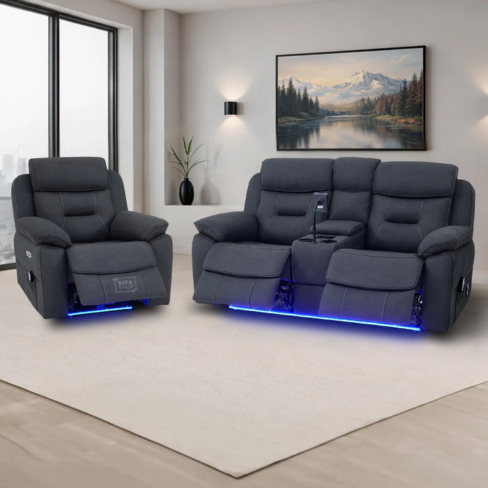 2+1 Electric Recliner Sofa Set in Charcoal Grey Fabric | 2 Piece Cinema Sofa Set | Massage, Heating, Storage, Power Headrest & Cup Holders | Florence
